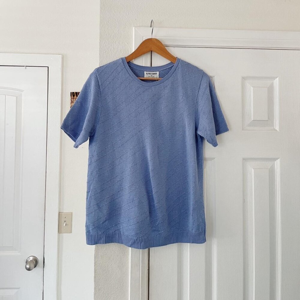 NWT Alfred Dunner Light Blue/Purple Short Sleeve Knit Top Size S, oversized fit